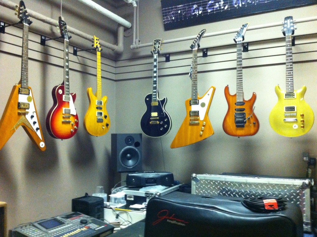 Roger Adler's guitar collection in his Lakeside Legacy Arts Park studio